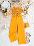 Tween Girl Ruffled Trim Shirred Bodice Belted Slip Jumpsuit With Wide Leg