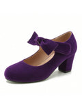 Fereshte Womens Bow Mary Jane Shoes Closed Toe Chunky Block Heel Ankle Strap Dress Pumps