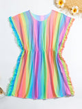 Teen Girls' Rainbow Striped Cover Up With Ruffle Trim, Random Color