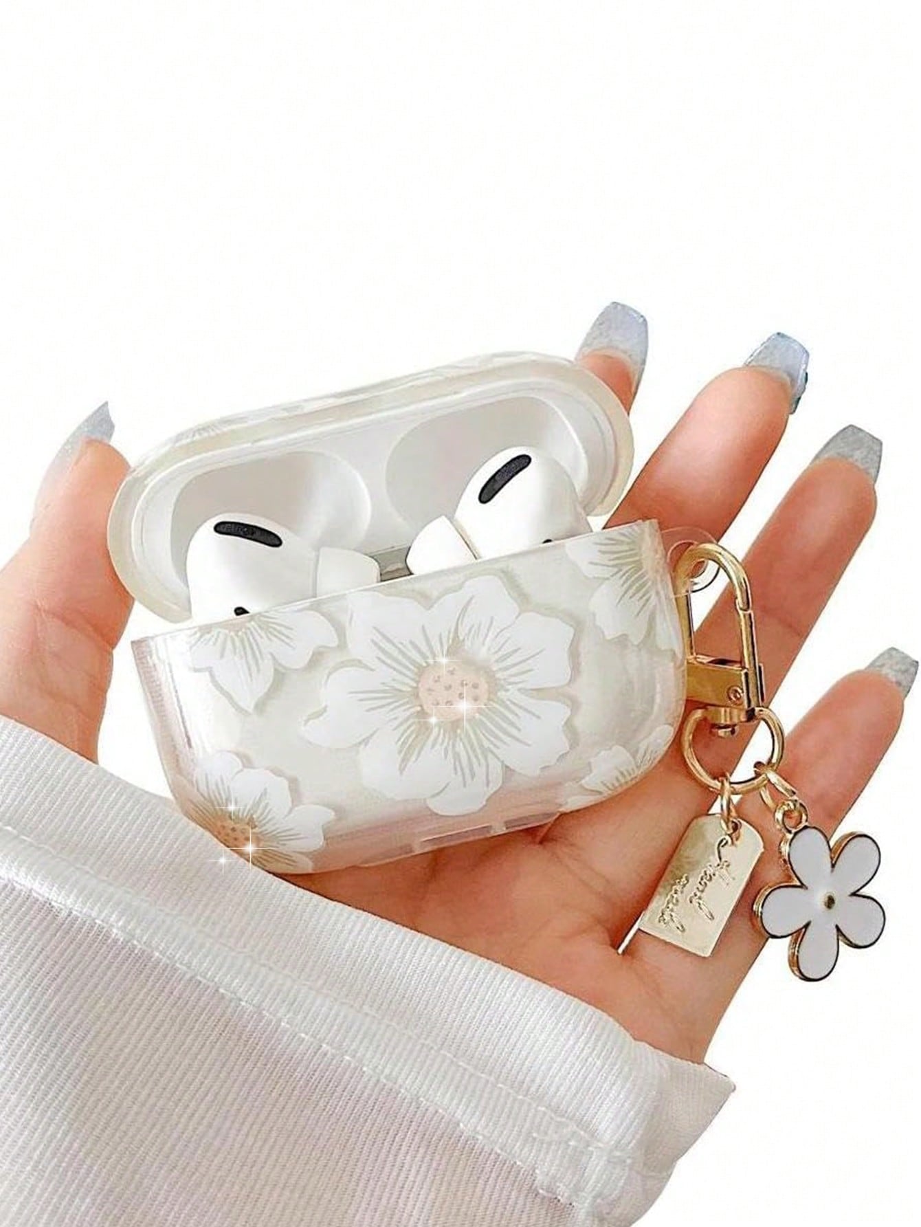 Glitter White Flower Earphone Cover, Wireless Earphone Protective Case For Airpods
