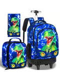 3PCS Kids Rolling Backpack For Boys,Water Resistant Roller Bookbag Set, Cute School Bag With Wheels For Elementary Preschool - Cute Green Dinosaur