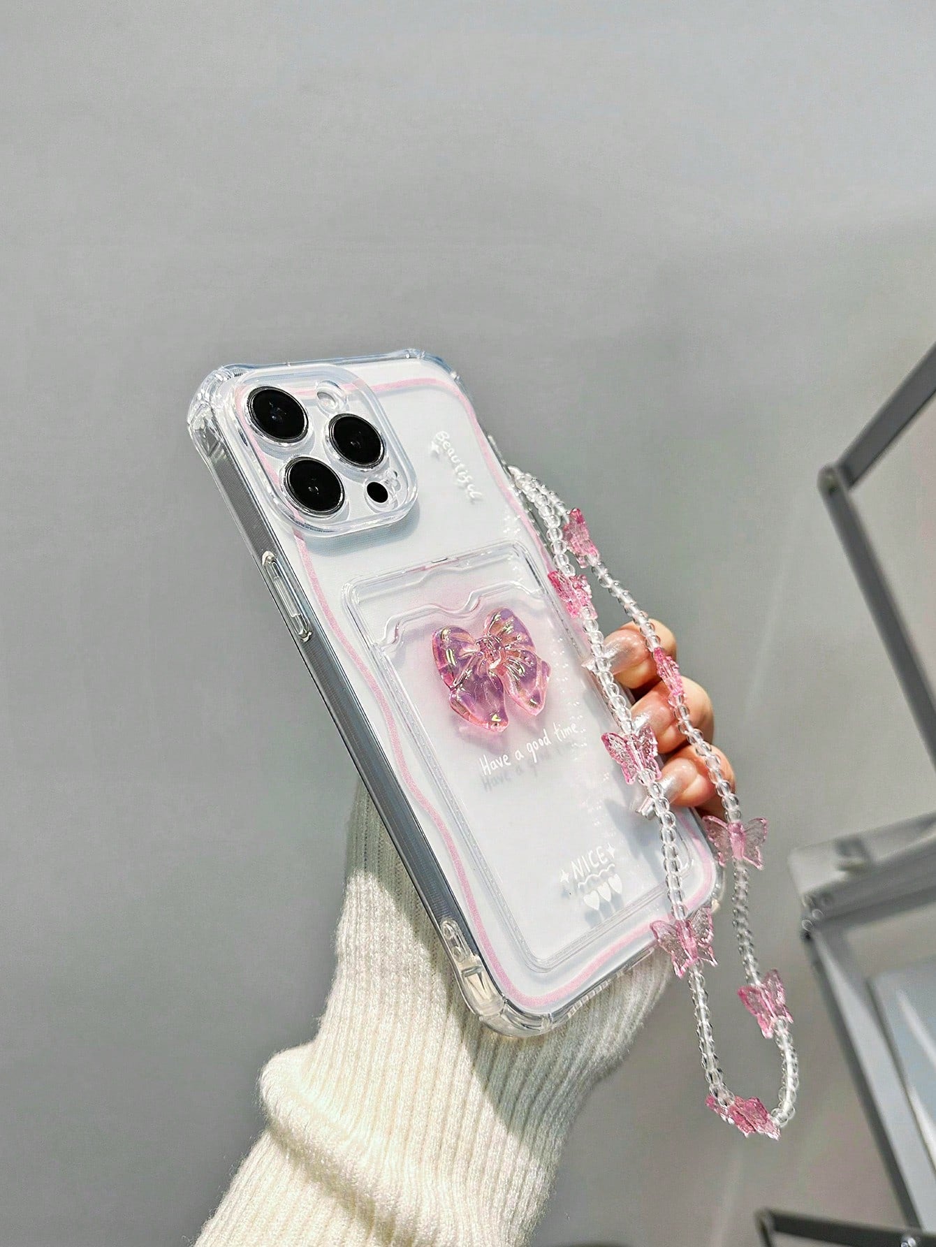 With Phone Charm Butterfly Painted Card Holder With Butterfly Chain, Multi-Functional Shockproof Transparent Hand Strap Card Holder Cover Compatible With IPhone XR/7/8/15Pro Max/13/14/11/12/XS. Shockproof Soft Shell Compatible With Samsung A134G A22 A21S