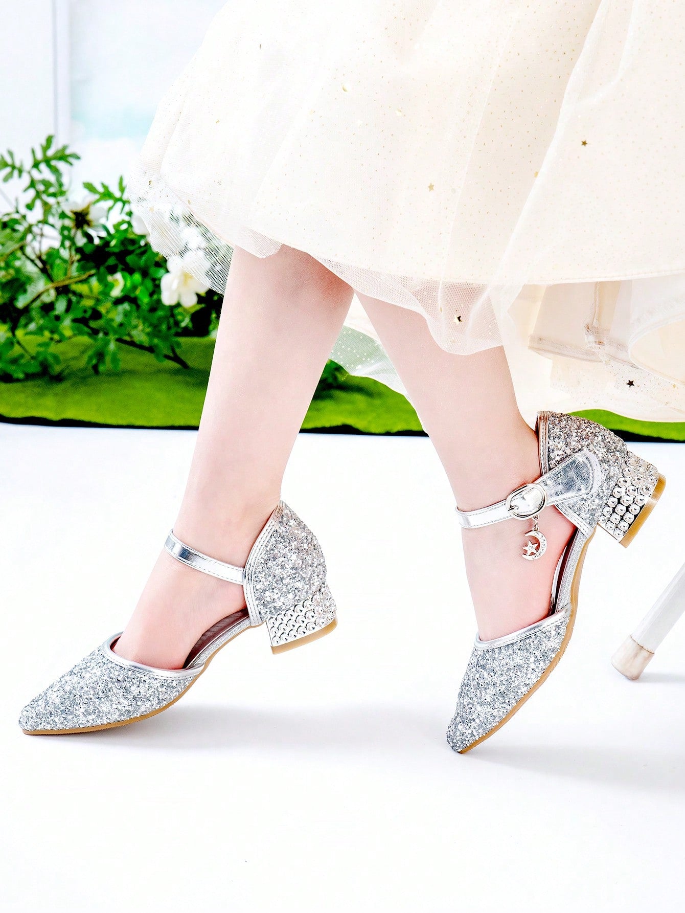 Party Dress For Autumn/winter With Kids' Black Glitter Bowknot Decorated Heels