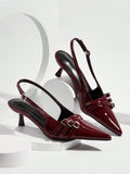 Sexy And Elegant Pointed Toe Patent Leather Stiletto High Heels With Metal Buckle Strap, Wine Red, For Wedding And Party