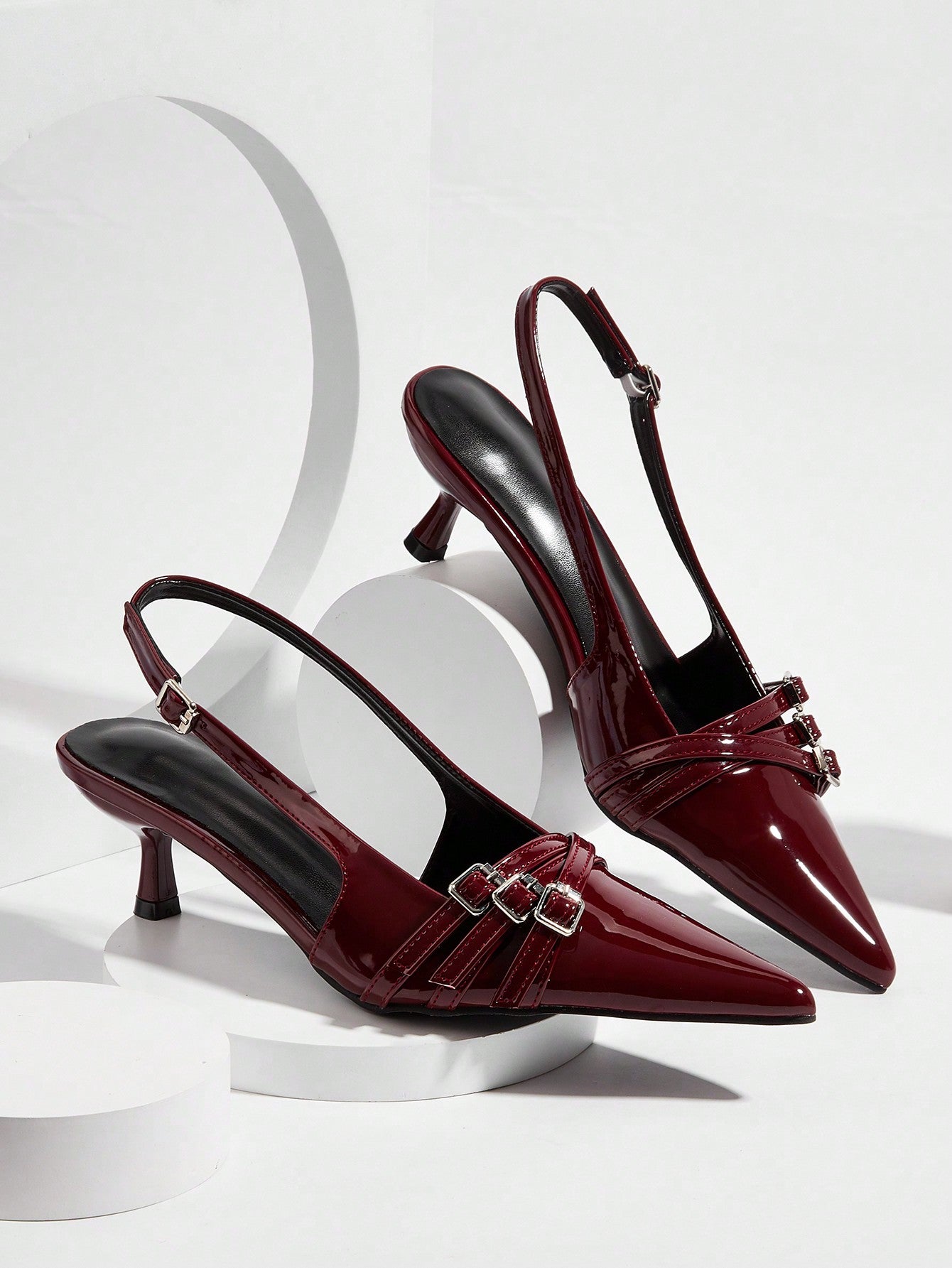 Sexy And Elegant Pointed Toe Patent Leather Stiletto High Heels With Metal Buckle Strap, Wine Red, For Wedding And Party