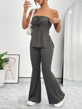 Solid Color Strapless Top And Pants Two Piece Set