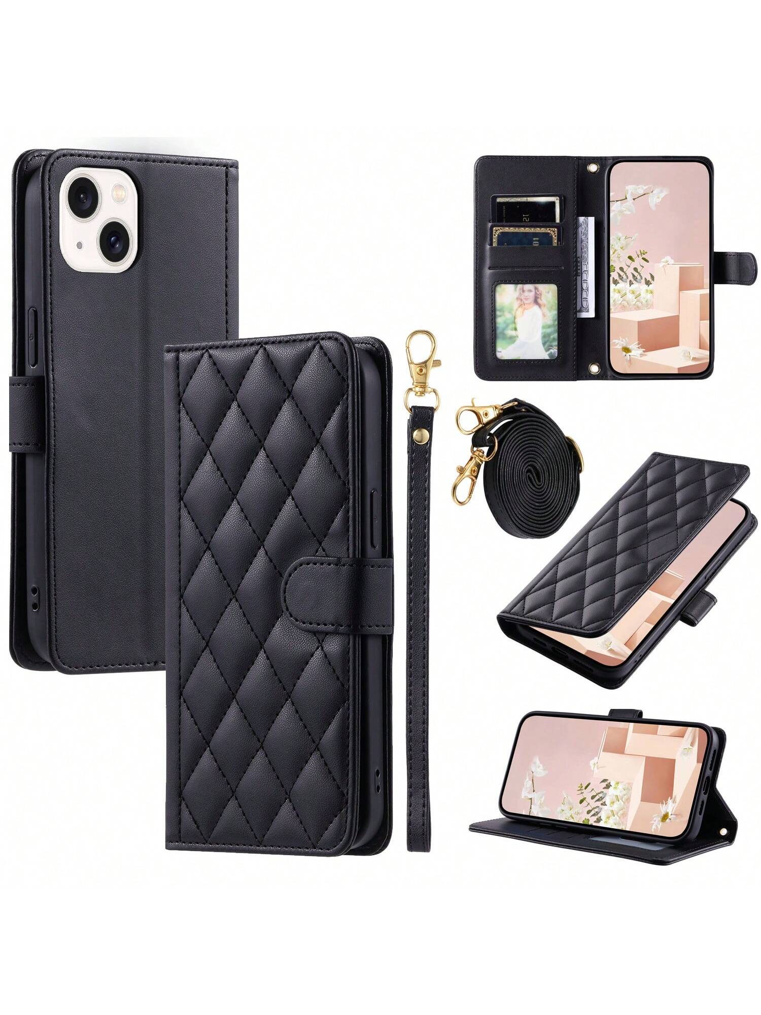 Flip PU Leather Phone Case Wallet With Card Holder Classic Phone Case Crossbody Shoulder Strap With Removable Wrist Strap Compatible With IPhone Samsung Redmi Pixel