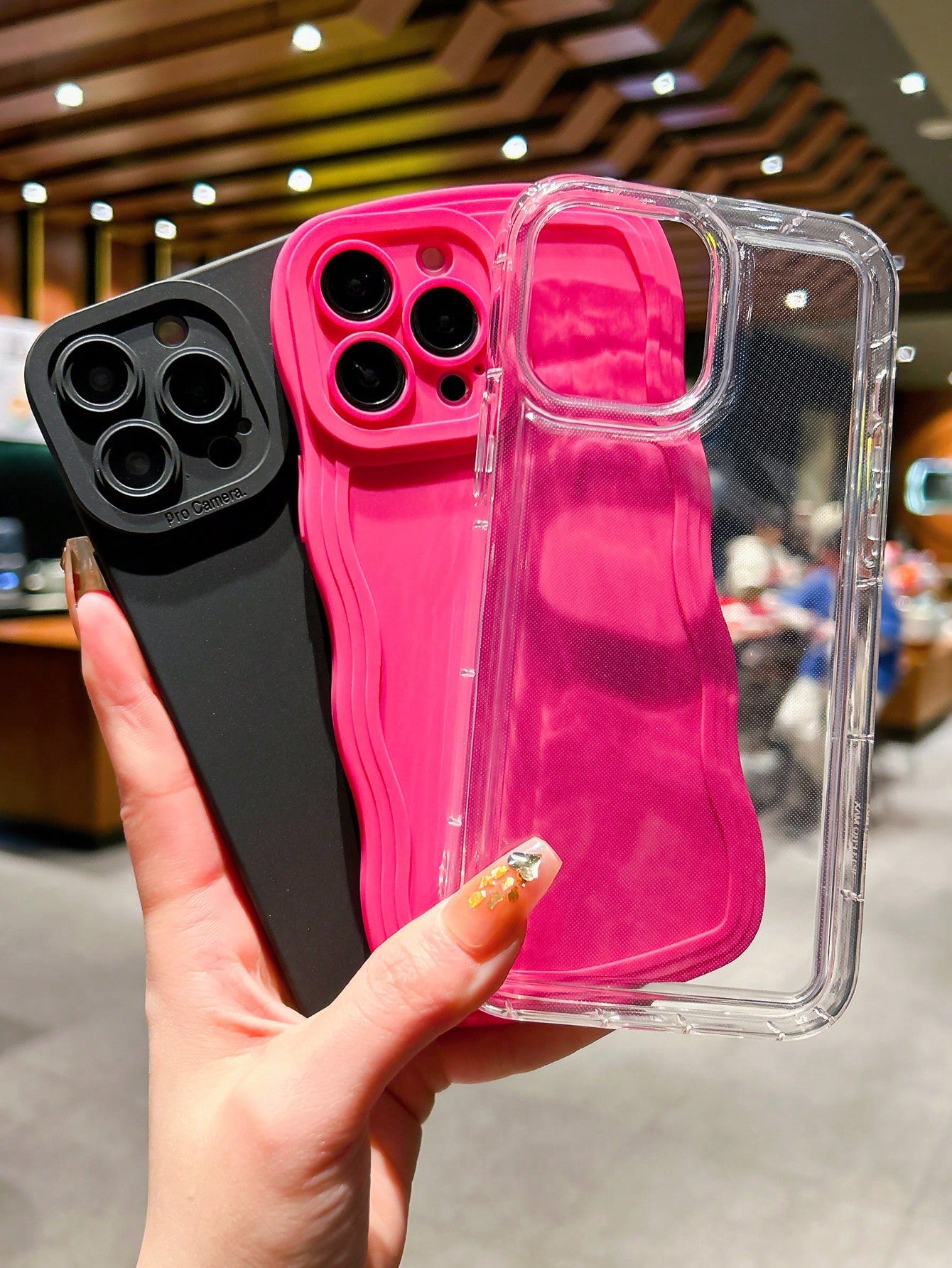 Neon 3pcs/Set Solid Color Black Pupil & Pink Wave Design Airbag Transparent Tpu Protective Case Compatible With IPhone 15, Unisex