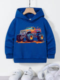 Young Boys' Casual Car Print Hoodie, Suitable For Autumn And Winter