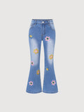 Tween Girls' Cute And Playful Flower Pattern Jeans