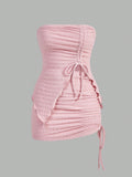 Drawstring Detail Lettuce Trim Strapless Top And Skirt Pink Set