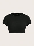 Casual And Simple Solid Color Round Neck Slim-Fit Women's Cropped T-Shirt