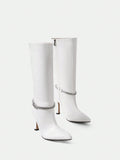 Sexy Fashionable White Pu Diamond Strap Decoration Pointed Toe High Heel Over The Knee Boots For Women