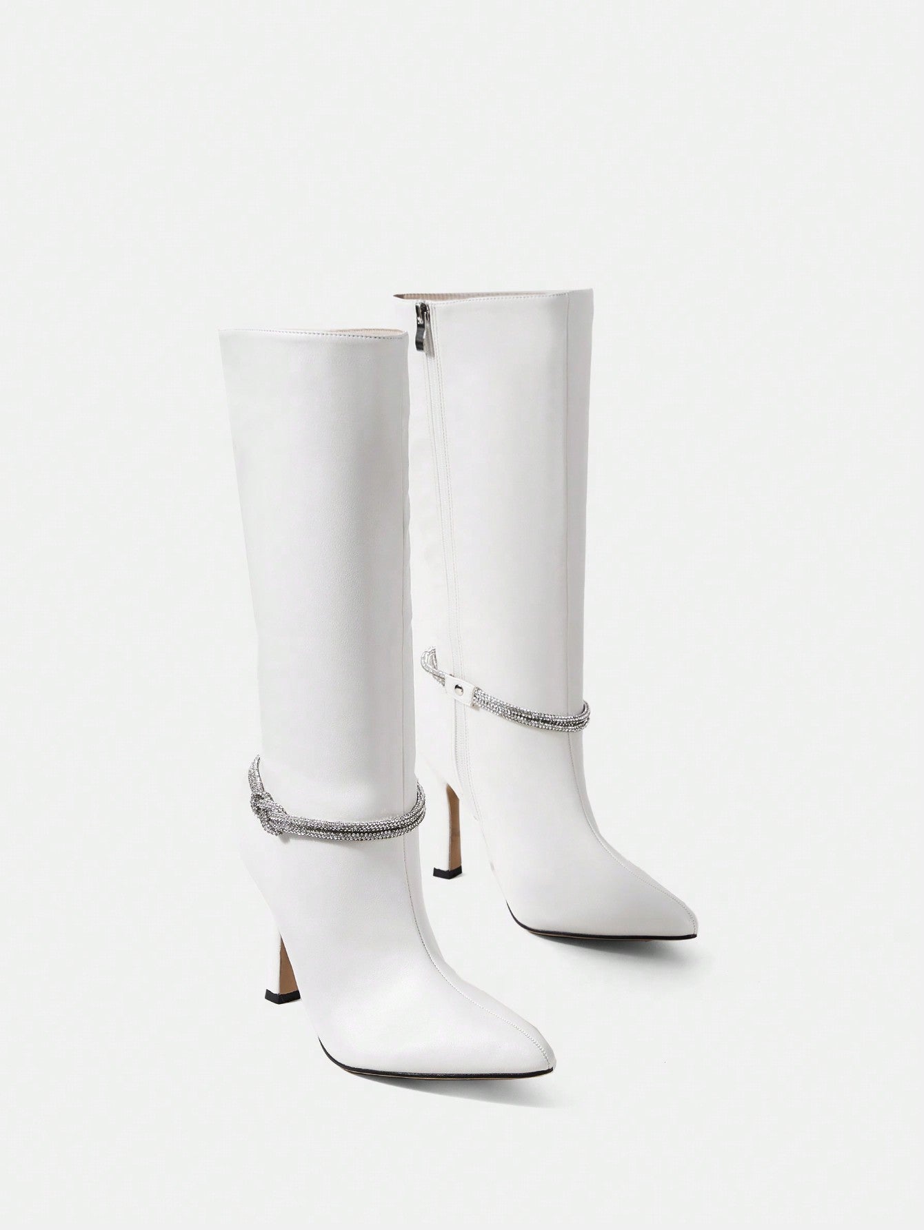 Sexy Fashionable White Pu Diamond Strap Decoration Pointed Toe High Heel Over The Knee Boots For Women