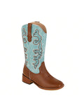 Cowboy Boots For Women Western Cowgirl Boots Embroidered Mid Calf Boots Square Toe Medium Block Chunky Heel Stitching Pull-On Boots For Ladies