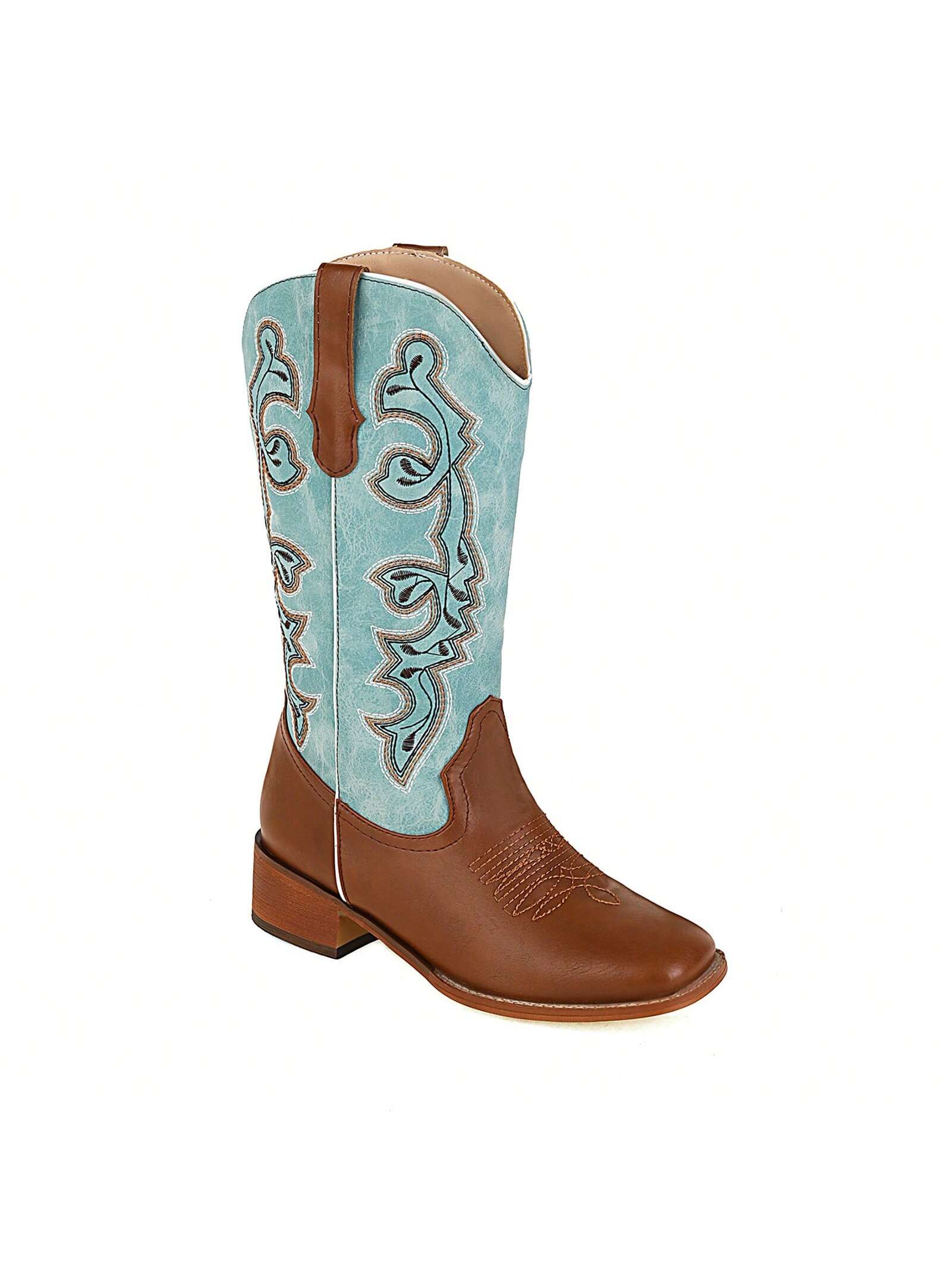 Cowboy Boots For Women Western Cowgirl Boots Embroidered Mid Calf Boots Square Toe Medium Block Chunky Heel Stitching Pull-On Boots For Ladies