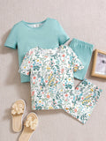 Young Girls' Knitted Floral Print Fitted Top And Shorts Snug Fit Homewear Set, 2 Sets