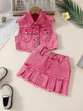 Young Girl's Sleeveless Washed Denim Jacket And Pleated Hem Denim Skirt Set