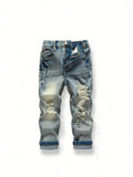 Young Boy New Casual Fashion Retro Vintage Distressed Washed Jeans With Holes