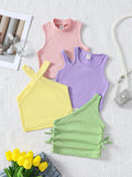 Young Girl Knitted Solid Color Sleeveless Tops Four-Piece Set