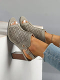 Women's Spring/Summer New Imitation Suede Heeled Sandals With Exposed Heel & Peep Toe Design, Carry Strap On Back