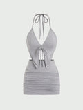 Halter Top & Pleated Skirt Set With Strap