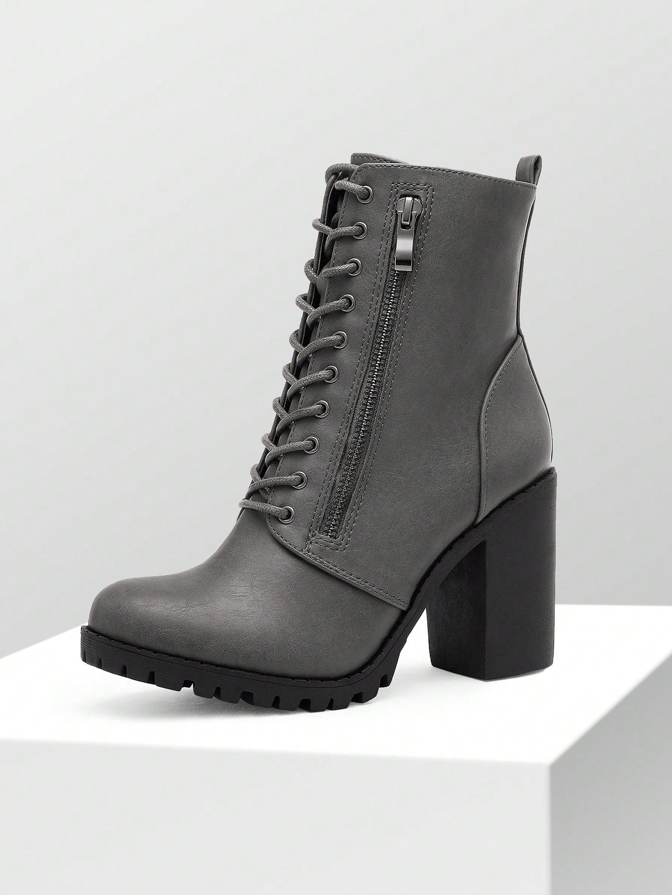 Women's Grey Pu Chunky Heel Ankle Booties  US