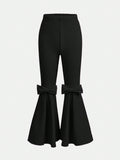 Tween Girl Solid Color Bell-Bottom Pants With Bow Detail