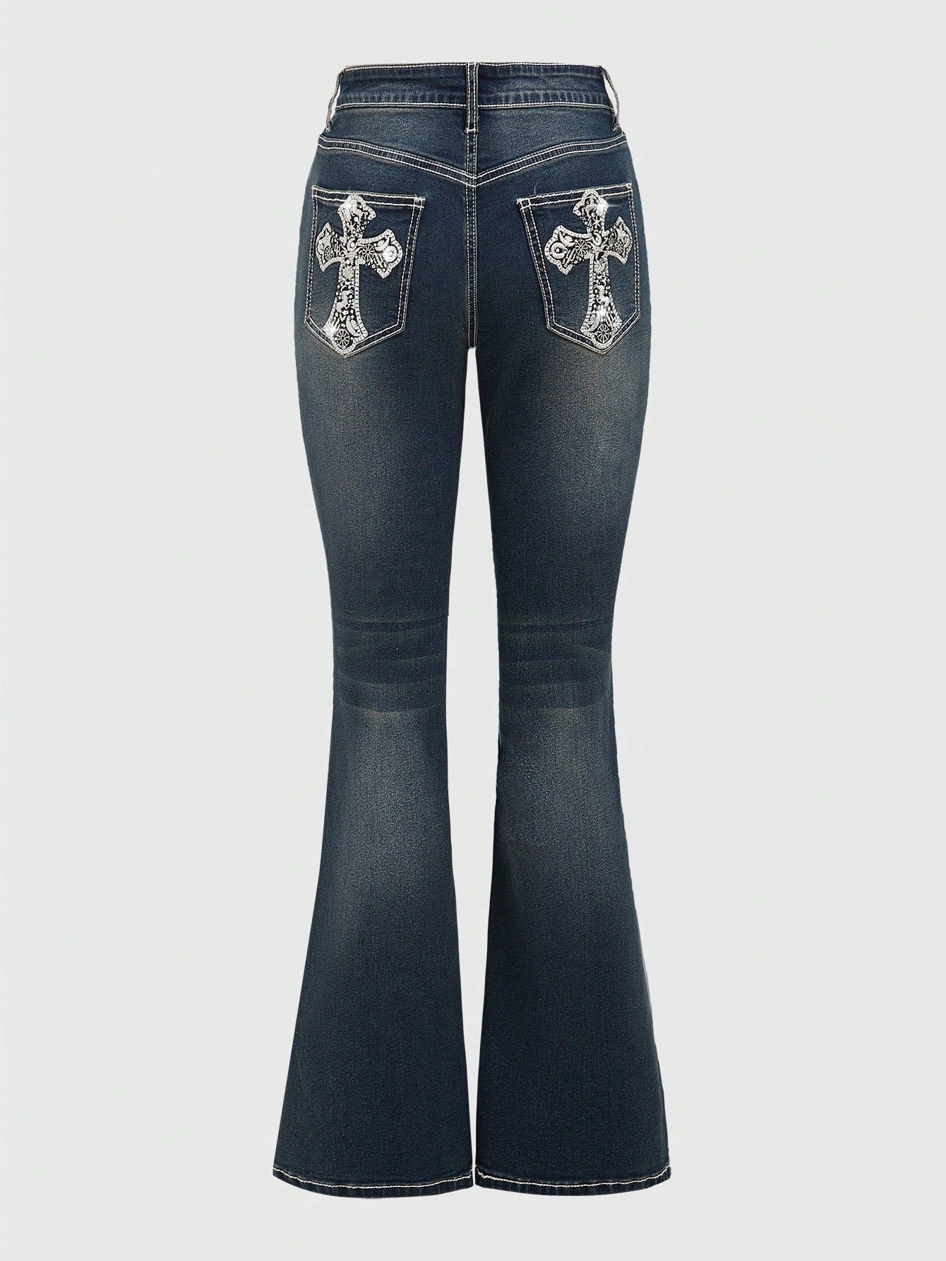 Goth Plus Size Casual Cross Embroidery Slim Fit Flare Jeans, School