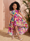 Young Girls' Daily Casual Woven Floral Print Round Neck Dress
