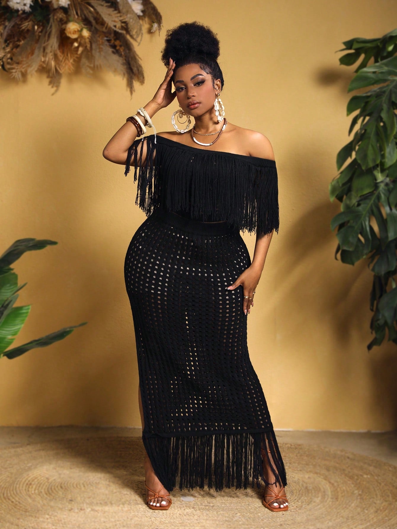 Plus Size Women's Fringe Knitted Sweater 2pcs Set