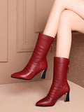 Pointed Toe Thick Heel Stretch Ankle Boots, Mid-Calf High Heels Riding Boots For Women, Stylish Casual Wear