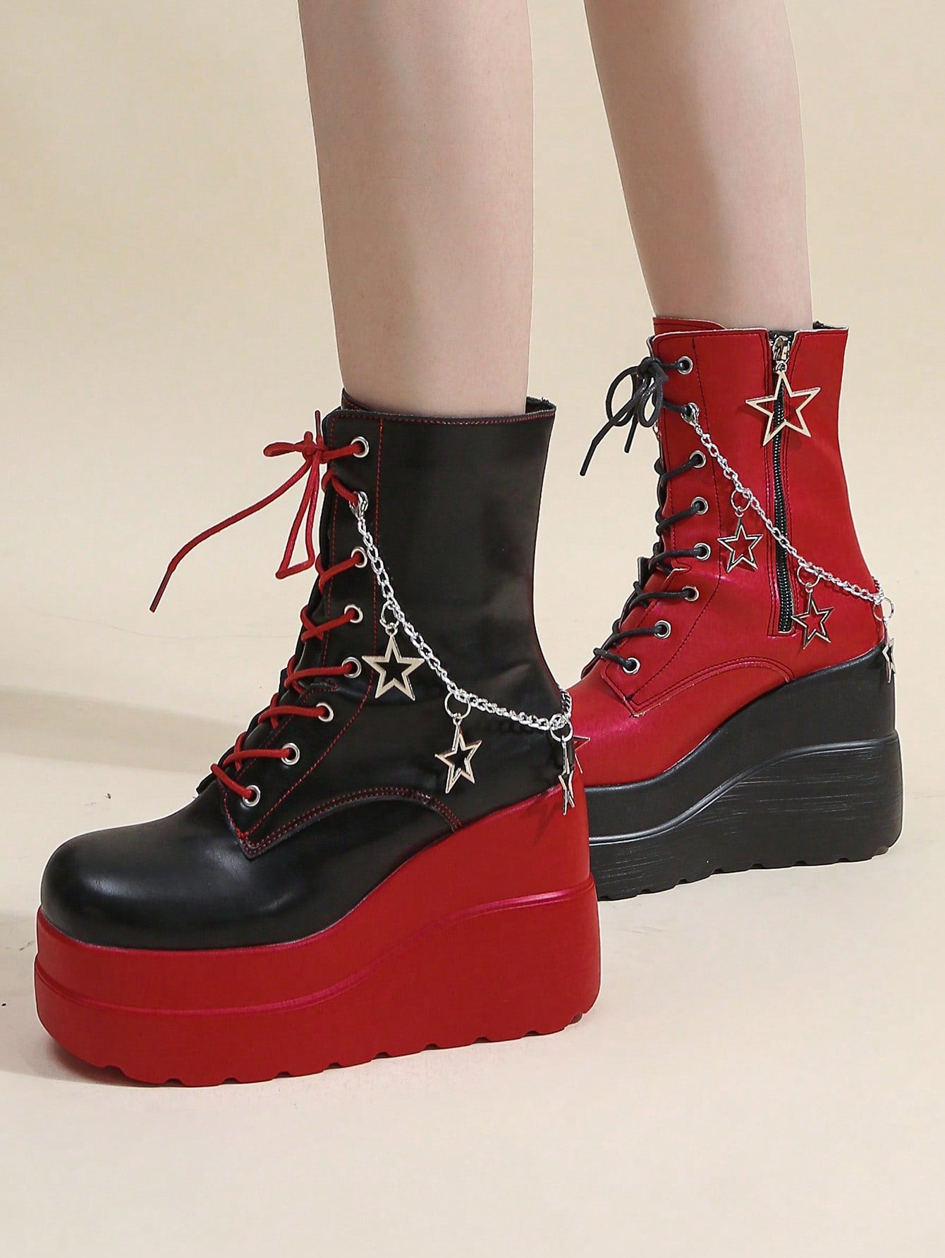 Women's 2024 Autumn And Spring New Punk Style Round-Toe Starry Sky Ankle Boots With Star Chain, Red And Black