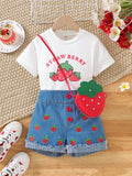 Young Girl Fashionable Casual 2pcs Strawberry Printed T-Shirt And Denim Shorts Red Bag Set