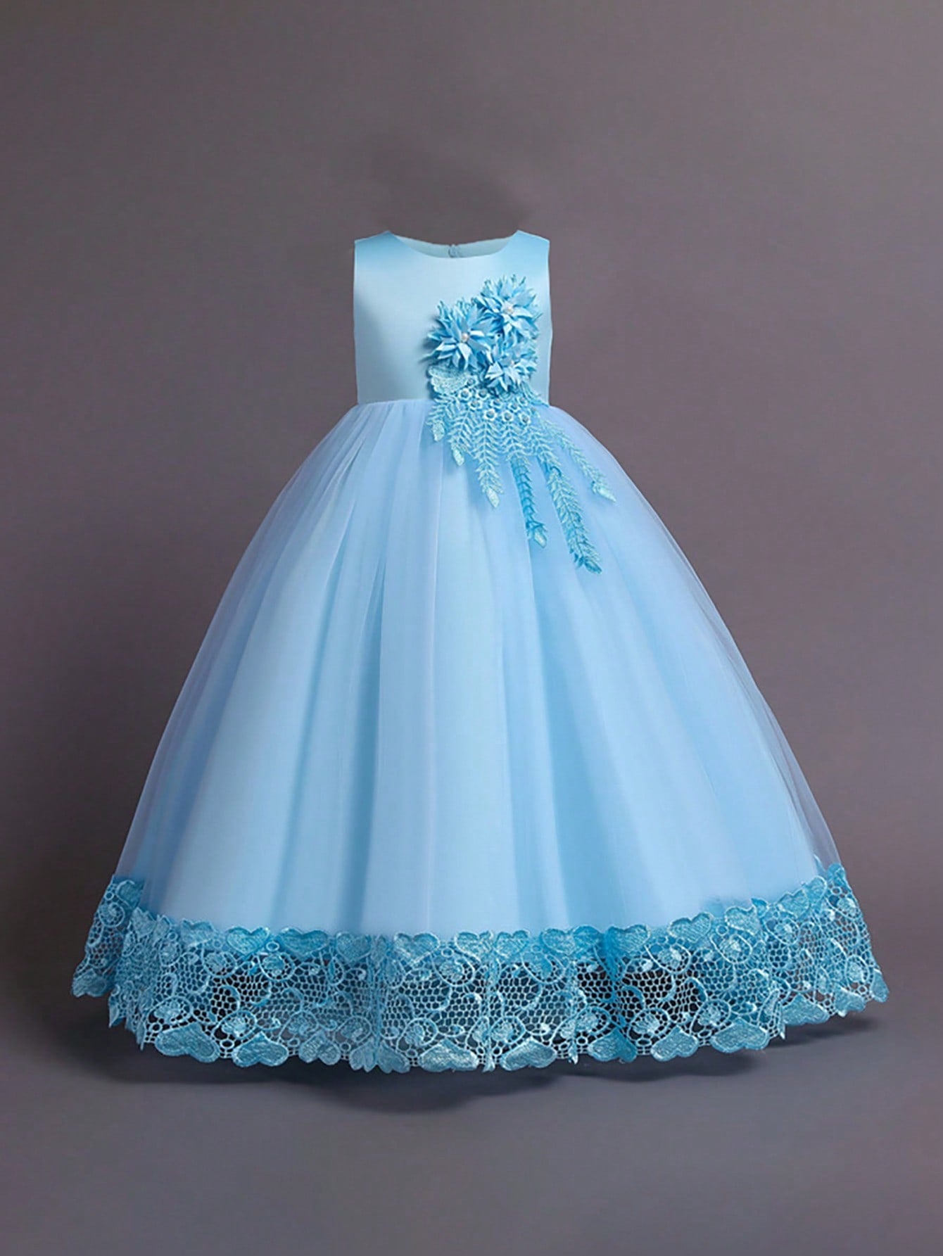 Tween Girl Solid Color Tulle Dress With 3d Flowers Decor For Elegant & Gorgeous Look, Perfect For Wedding & Banquet