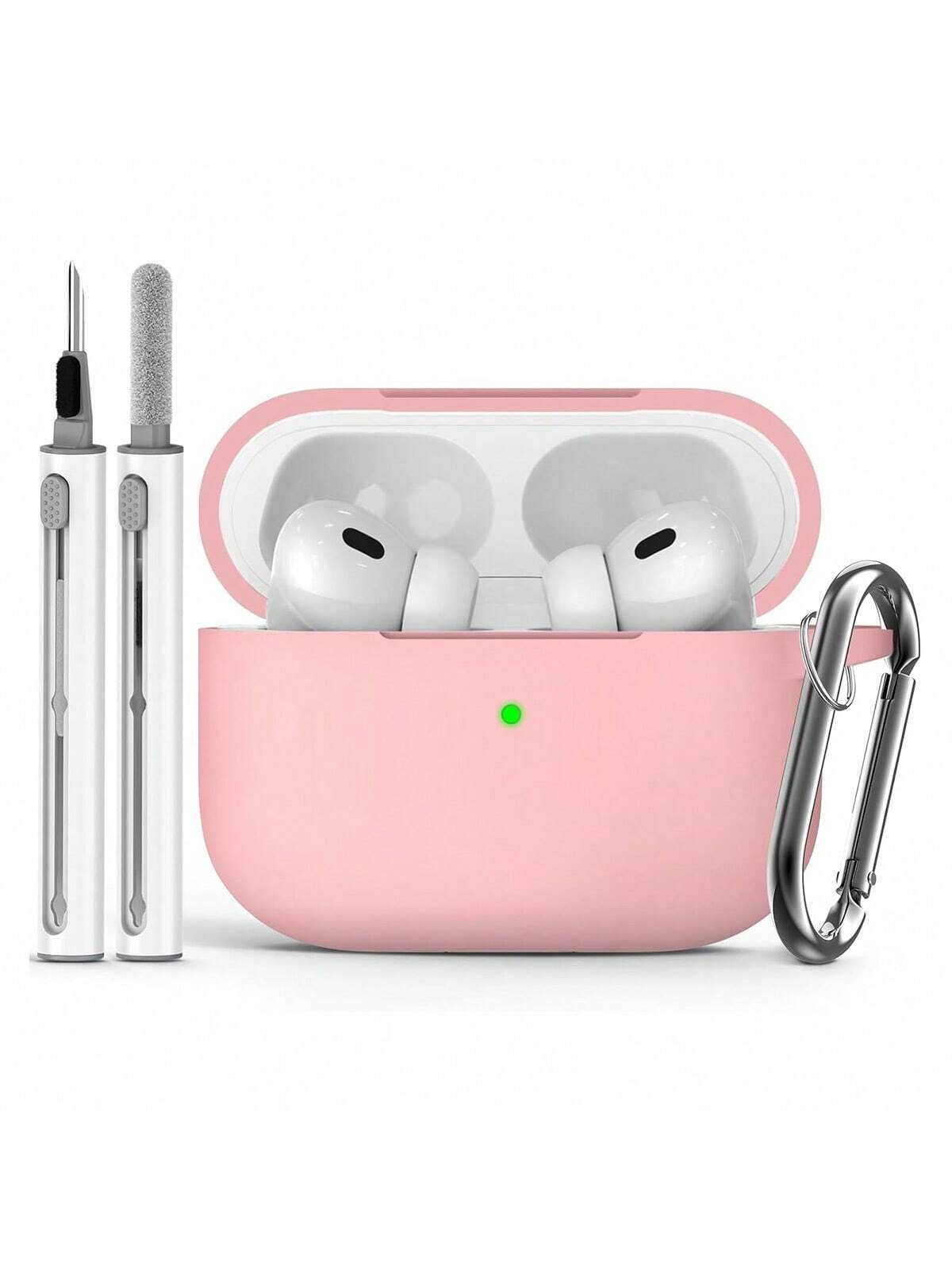 Pink 1pc Solid Color Silicone Airpods Protective Cover With Climbing Buckle Strap And Cleaning Pen