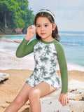 Young Girls' Long Sleeve Swimsuit Set With Plant Pattern Print