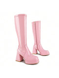 ISNOM Stacked Platform Knee High Boots For Women With High Chunky Heel, Gogo Boots For Women With Square Toe Side Zipper Stretch Boot
