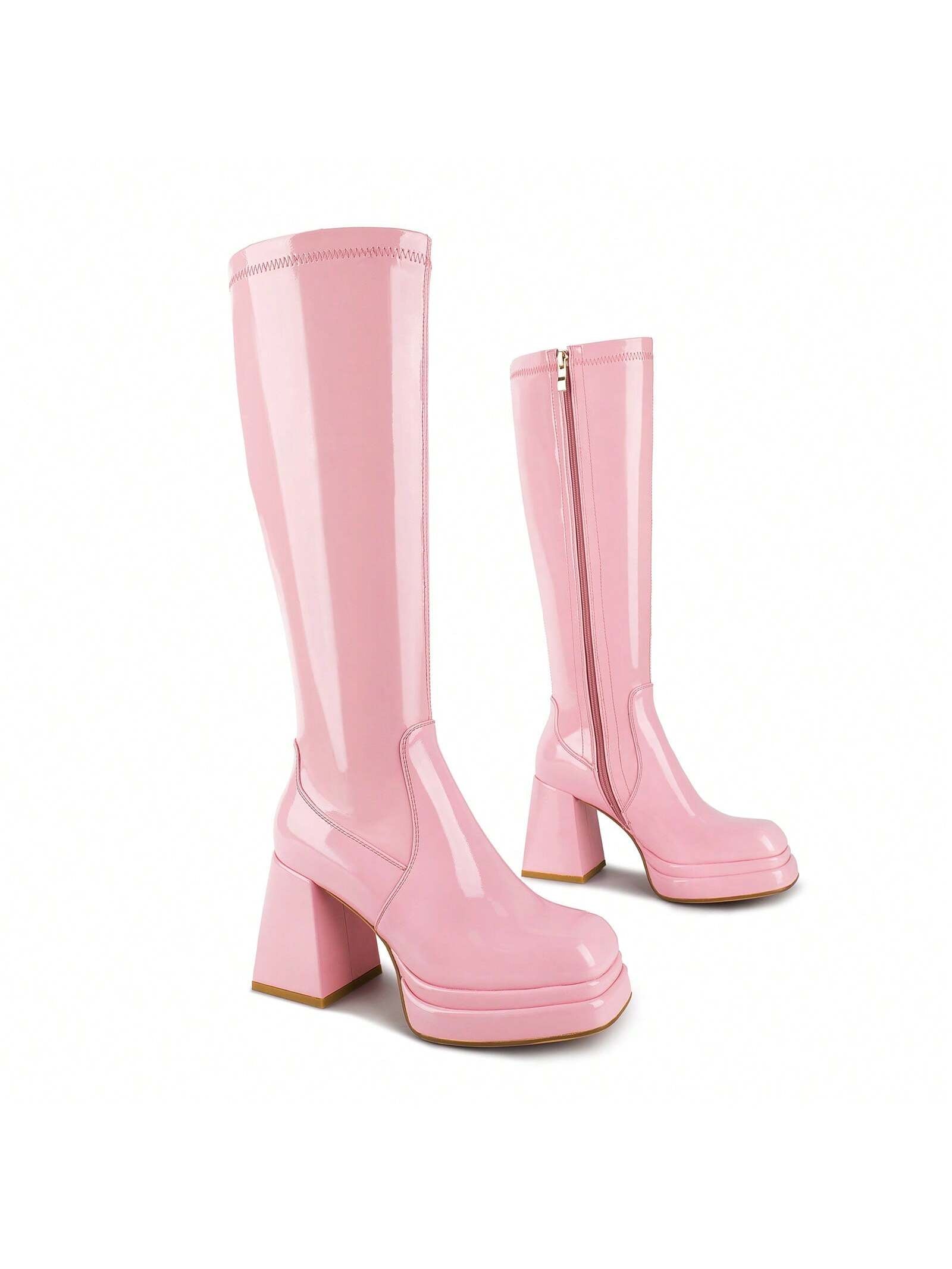 ISNOM Stacked Platform Knee High Boots For Women With High Chunky Heel, Gogo Boots For Women With Square Toe Side Zipper Stretch Boot