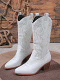 Fairycore 2024 New Spring & Autumn Collection White Pointed Toe Embroidered Western Style Riding Boots, Cowboy Boots For Women
