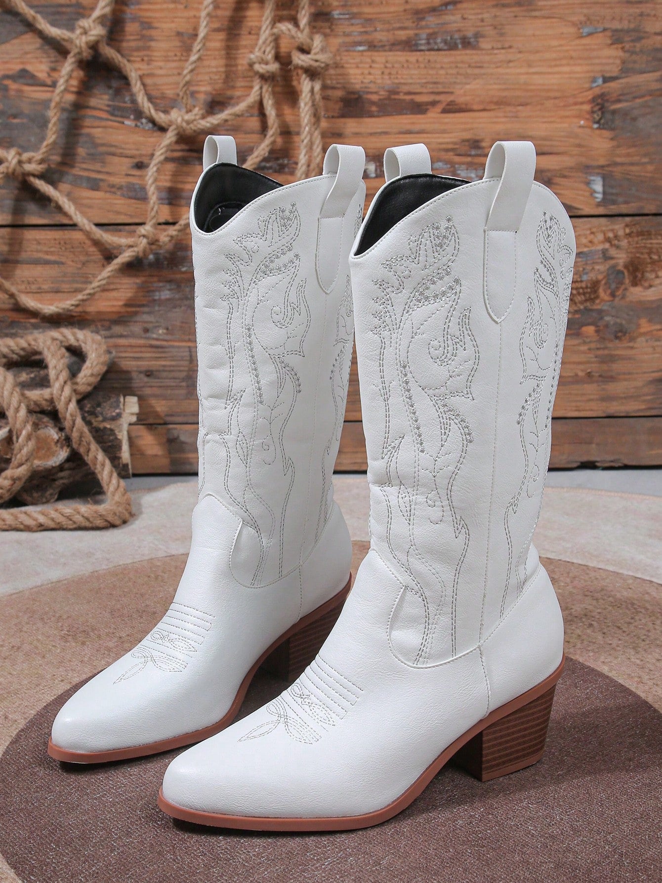Fairycore 2024 New Spring & Autumn Collection White Pointed Toe Embroidered Western Style Riding Boots, Cowboy Boots For Women
