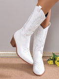 Fairycore Women's Classic Pointed Toe Embroidered Chunky Heel Western Boots, White Cowboy Boots, Spring And Autumn 2024