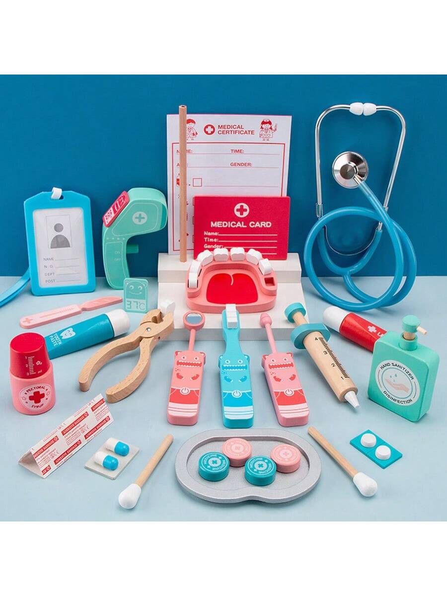 Children's Wooden Baby Tooth Changing Simulation Doctor Role Play Toy Set With Syringe And Stethoscope