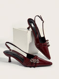 Wedding Party Sexy Burgundy Patent Leather Pointed Toe Metal Buckle Strap Stiletto High Heels