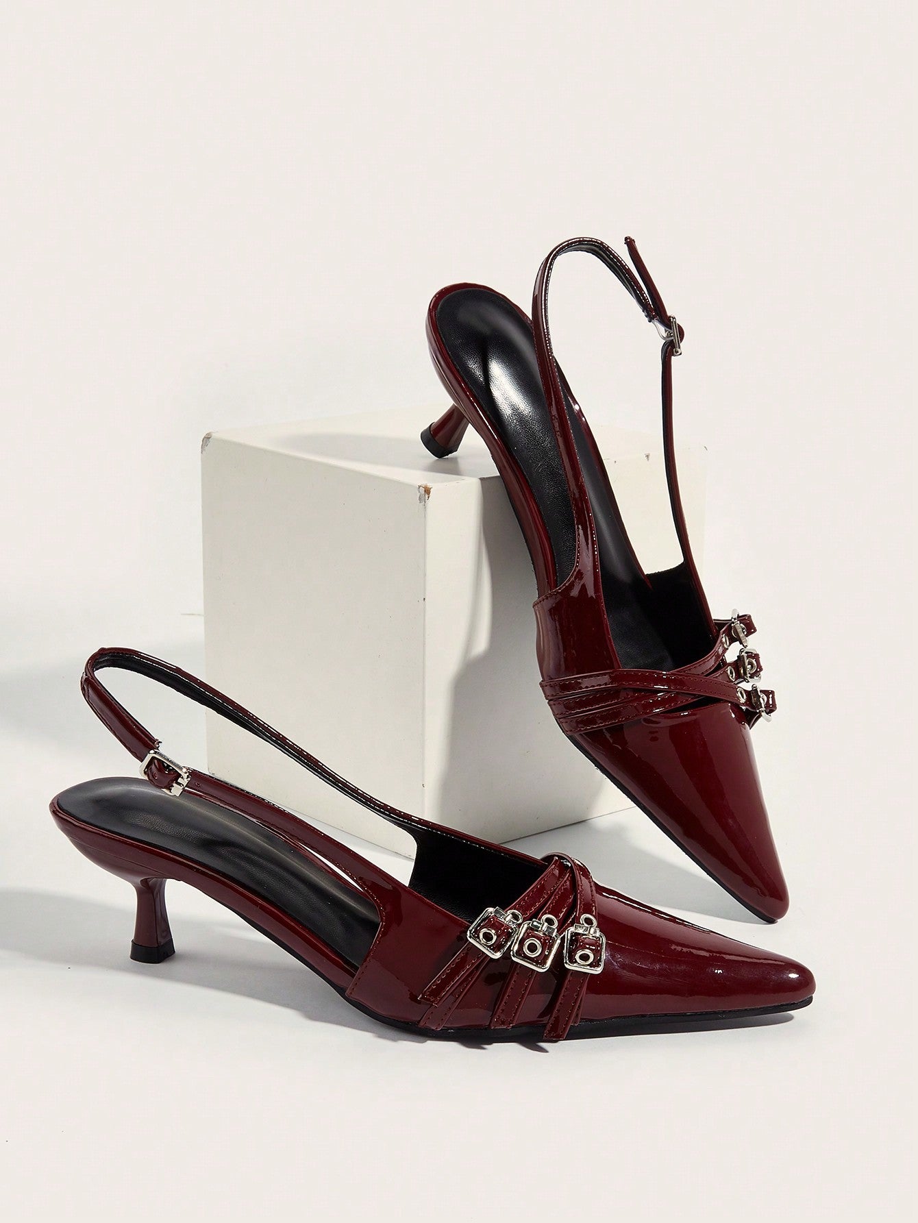 Wedding Party Sexy Burgundy Patent Leather Pointed Toe Metal Buckle Strap Stiletto High Heels