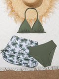 Tween Girls' Palm Tree Pattern Cover Up With Solid Color Bikini Set