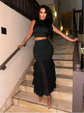 Solid Color Vest And Patchwork Mesh Fish Tail Hem Skirt Two Piece Set