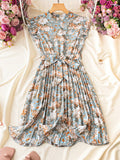 Frenchy Floral Print Stand Collar Pleated Waist Holiday Dress