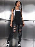 Slim Fit Denim Overalls With Distressed Holes And Patch Pockets