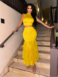 Solid Color Stand Collar Tank Top & Multi-Layer Ruffle Hem Skirt Two-Piece Set